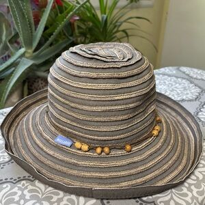 Brown Striped Hat with Bead Detail
